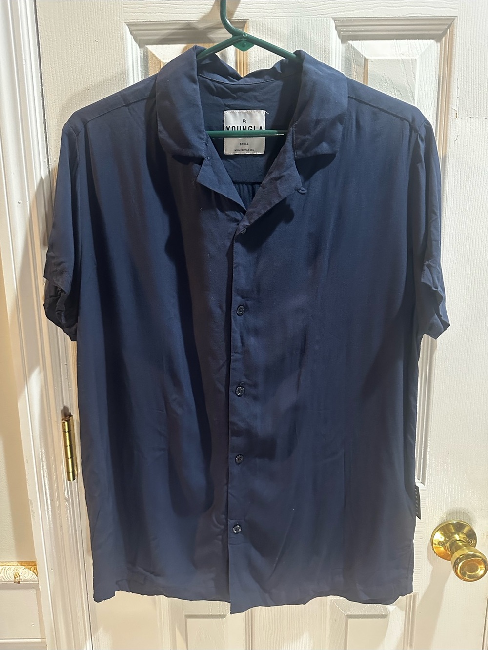 YoungLA Navy Short Sleeve Button Up Viscose Model #445 Small